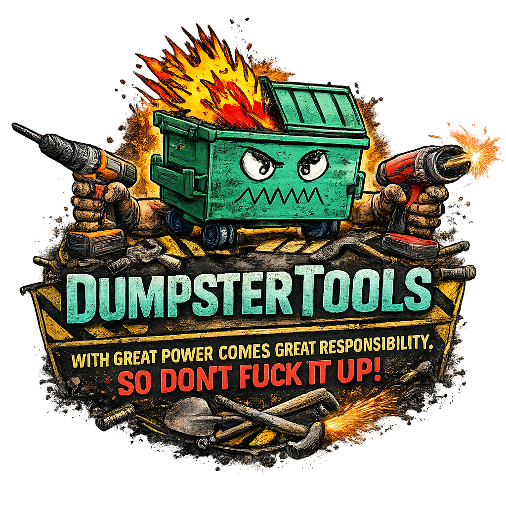 The Dumpster Tools badge: a graffiti-style dumpster logo carrying the motto about great power and great responsibility