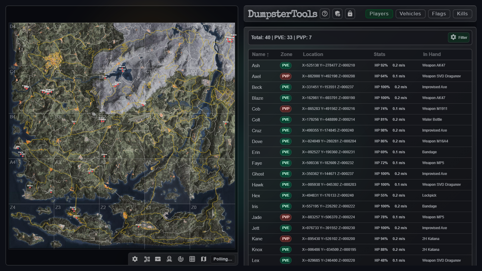 The full Dumpster Tools Live Map: terrain map on the left, player list on the right, and the tool dock along the bottom