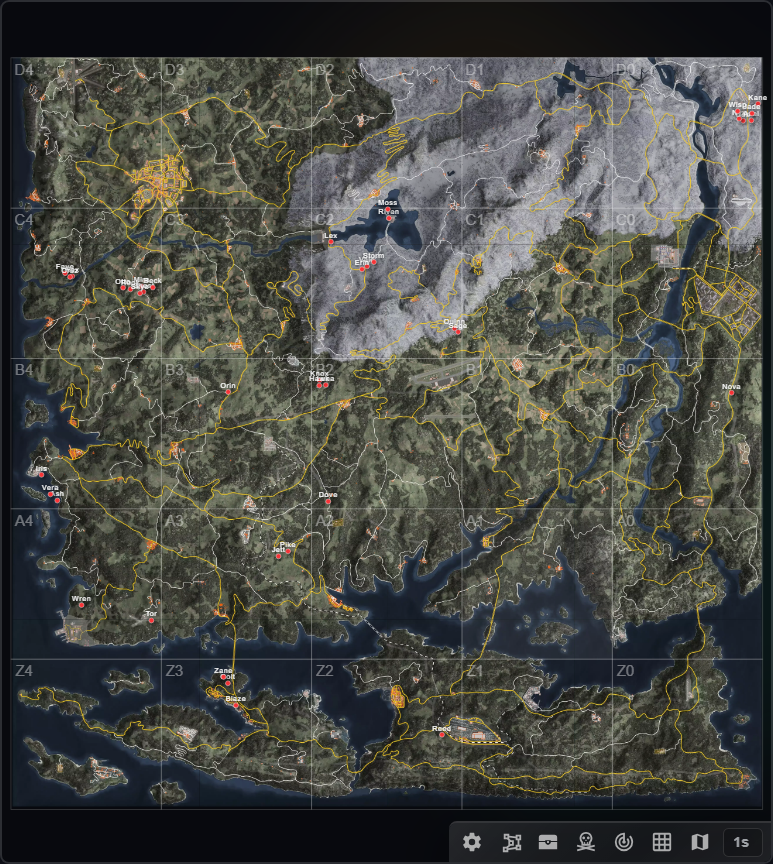 The full island map with the labelled sector grid and live player markers scattered across it