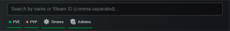 Player search box beside PVE, PVP, Drones and Admins filter chips