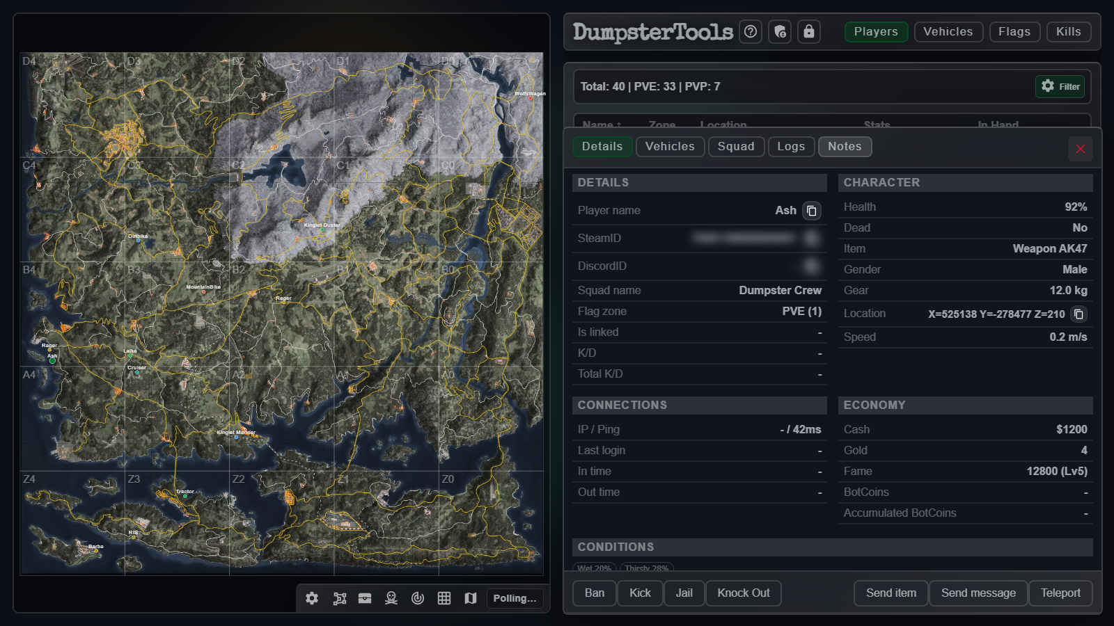 Player detail panel open over the Live Map, showing tabs across the top and action buttons in the footer