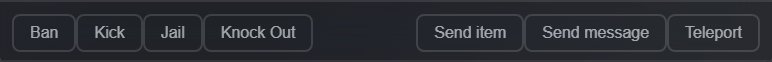 Player detail footer with Ban, Kick, Jail and Knock Out beside Send item, Send message and Teleport