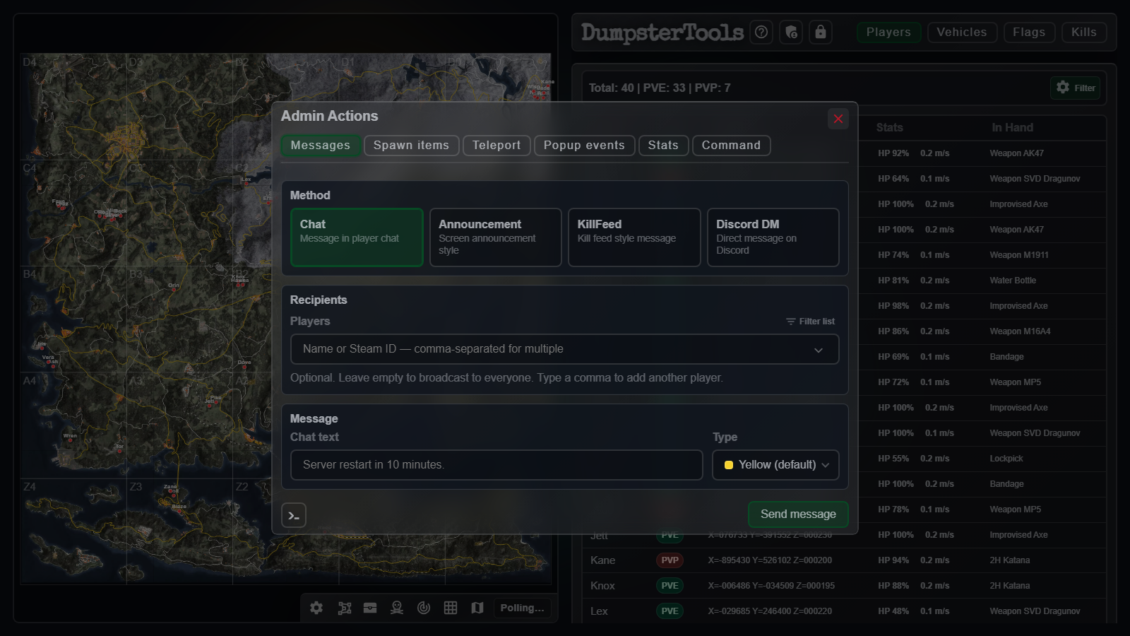 Admin Actions dialog open on the Messages tab over the Live Map