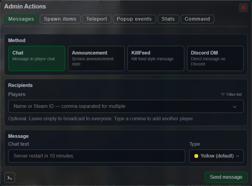 Messages tab with Chat, Announcement, KillFeed and Discord DM method cards