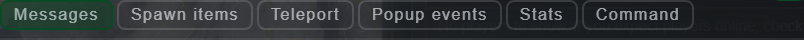 Admin Actions tab row: Messages, Spawn items, Teleport, Popup events, Stats, Lookup ID, Search logs and Command
