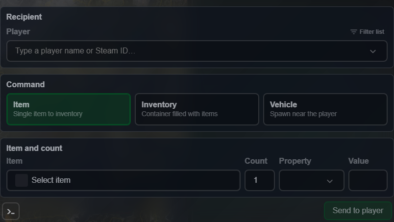 Spawn items tab with Item, Inventory and Vehicle command cards