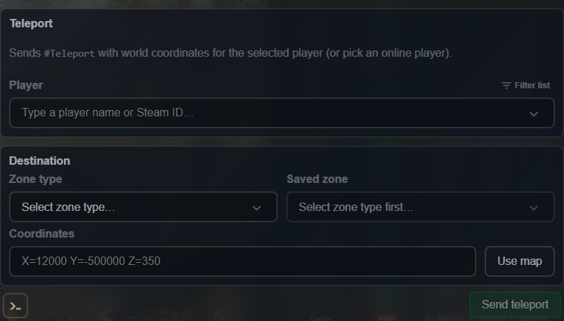Teleport tab with the player omnibox, zone selectors and coordinate fields