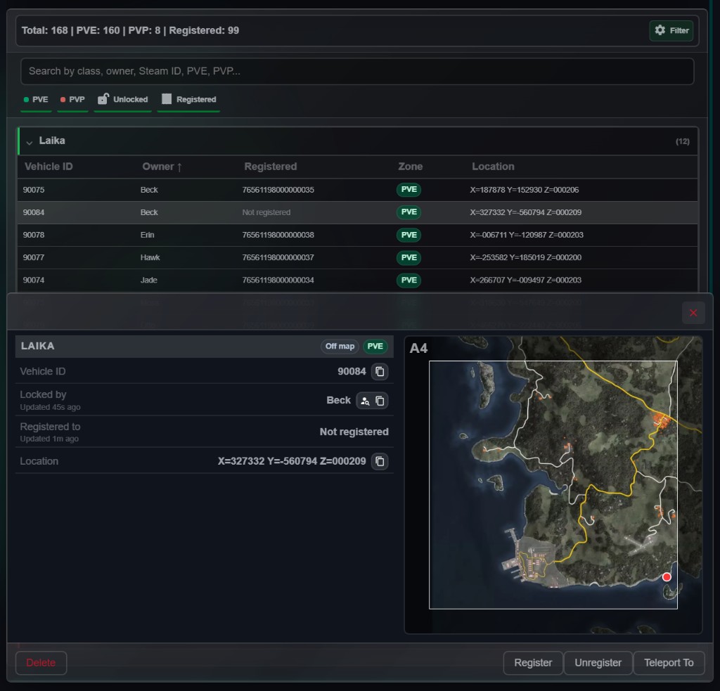 Vehicles list with Laika expanded and a Laika detail panel open showing ID, owner, registration, location and a sector map