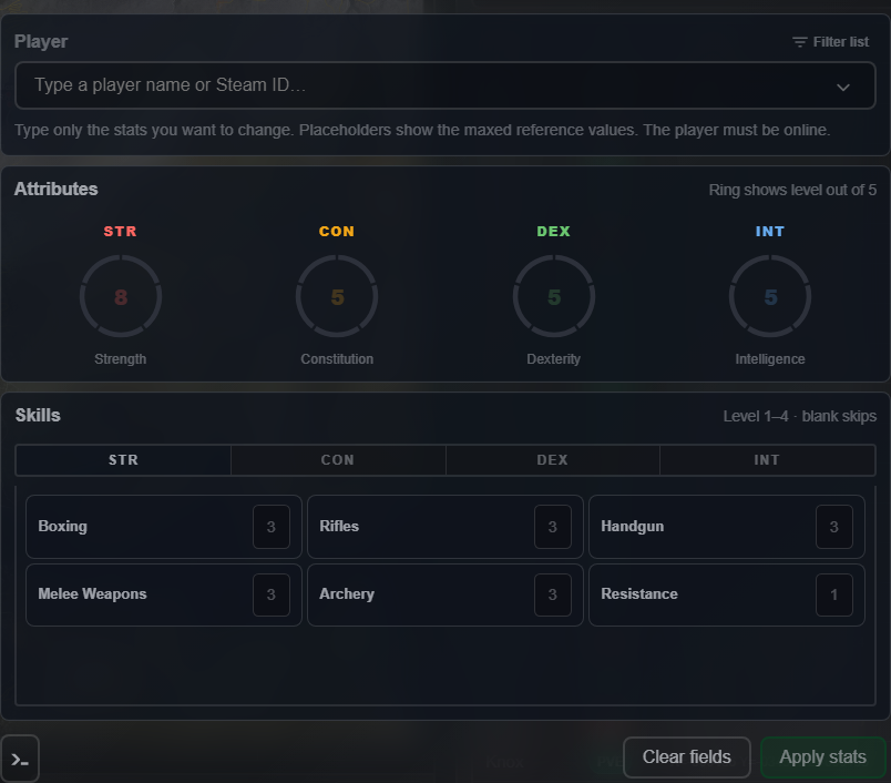 Admin Actions Stats tab with attribute gauges and skill groups