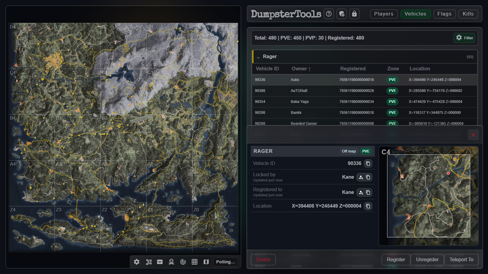 Vehicle detail panel open on the Live Map with a mini-map and action buttons