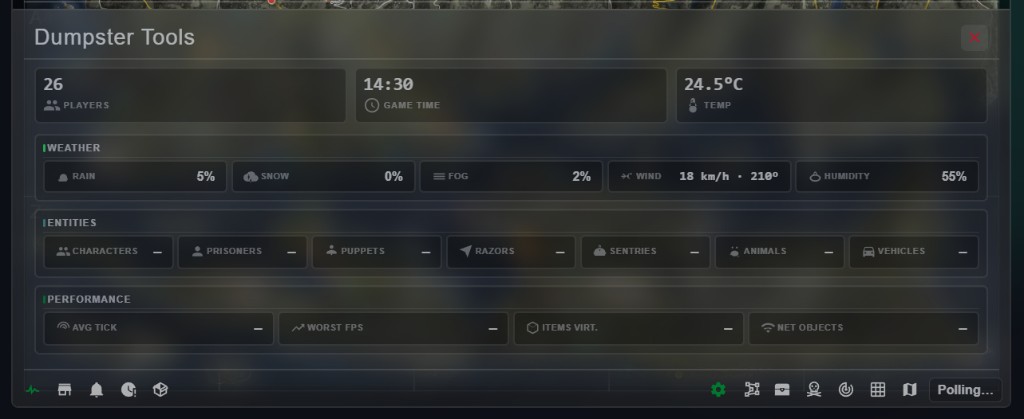 Live server stats panel for Dumpster Tools showing players, game time, temperature, weather, entities and performance above the map dock