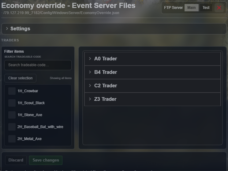Economy override editor panel with the FTP Main and Test toggle and save actions
