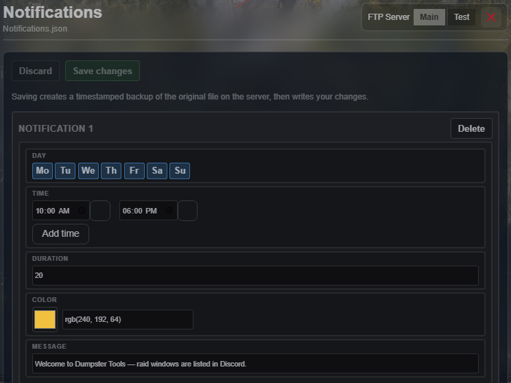 Notifications editor with day chips, time slots, duration and colour fields