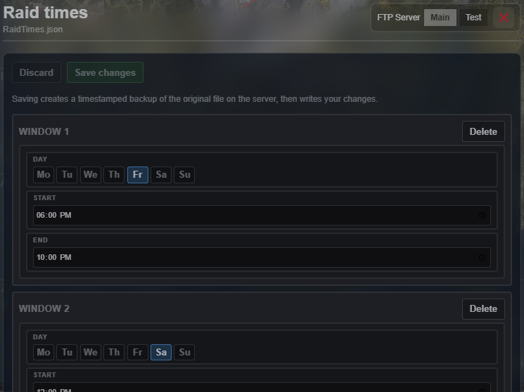 Raid times editor with day chips and start and end time fields