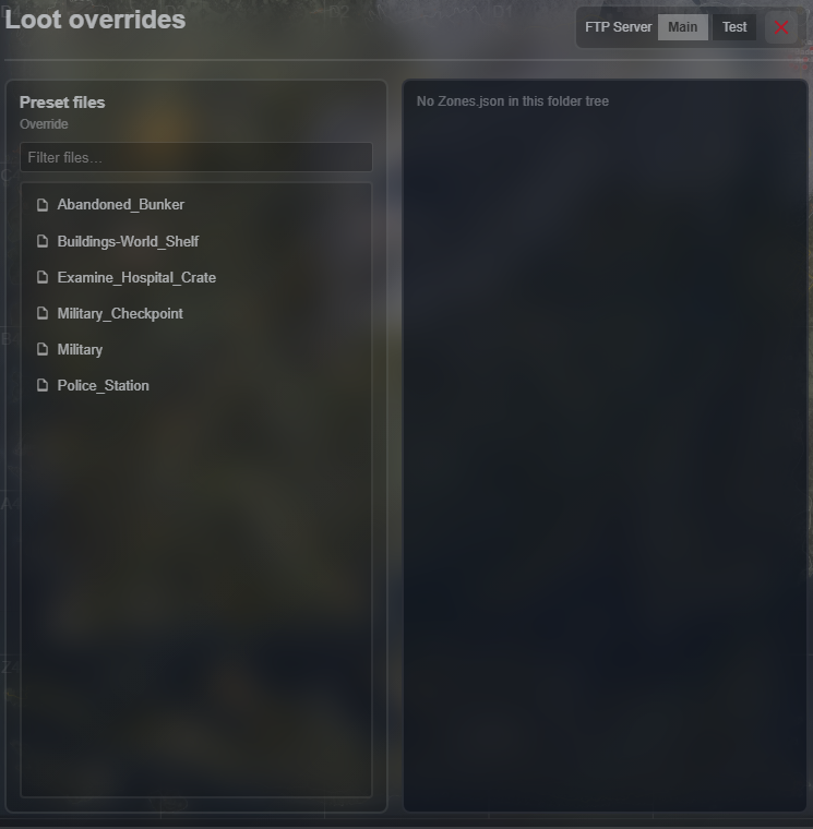 Loot overrides panel with a preset file tree and the FTP Main and Test toggle
