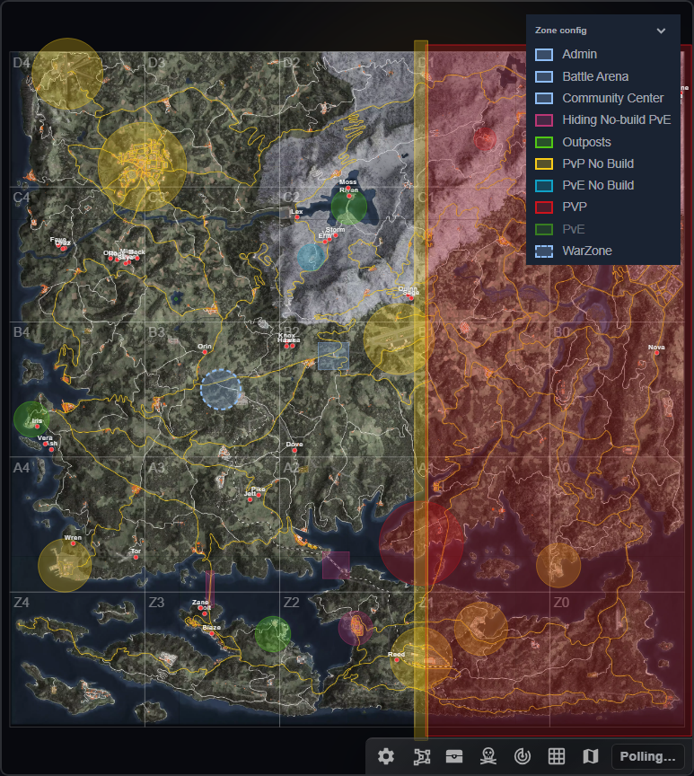 Map with zone config overlays drawn and the Zone config legend visible