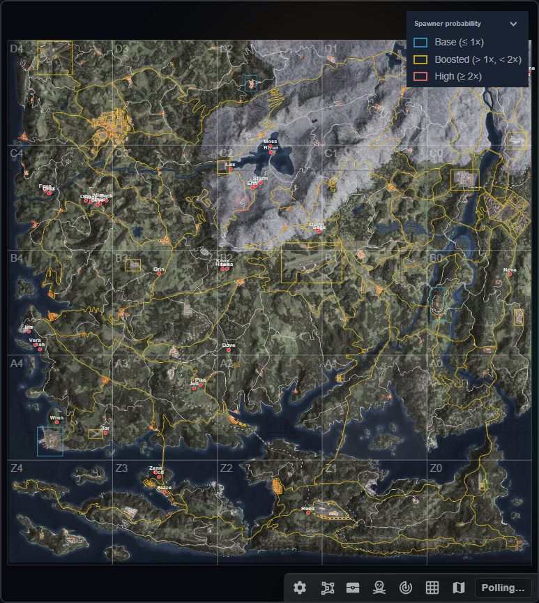 Map with coloured loot zone rectangles and the Spawner probability legend