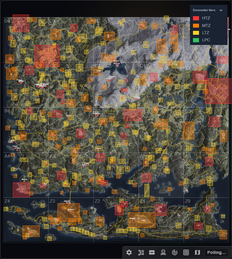 Map covered in encounter tier rectangles with the Encounter tiers legend