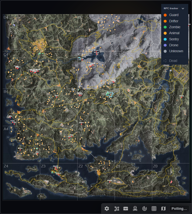 Map covered in colour-coded NPC markers with the NPC tracker legend open