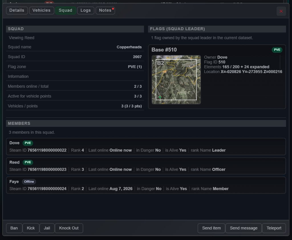 Player detail Squad tab for Copperheads — squad meta, Base #510 flag card with minimap, and member list including an offline player