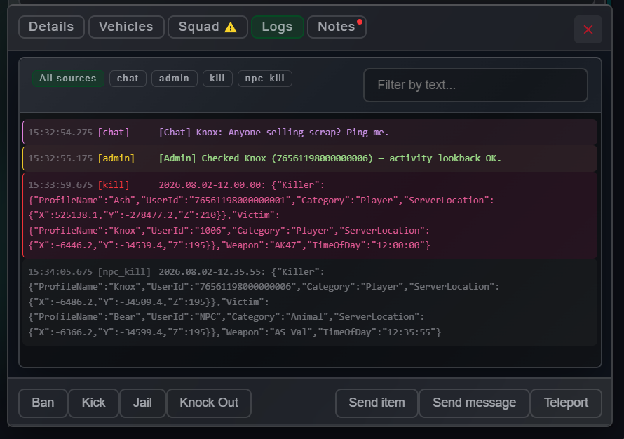 Player detail Logs tab for Knox — All sources filter chips, text search, and chat, admin, kill, and npc_kill lines