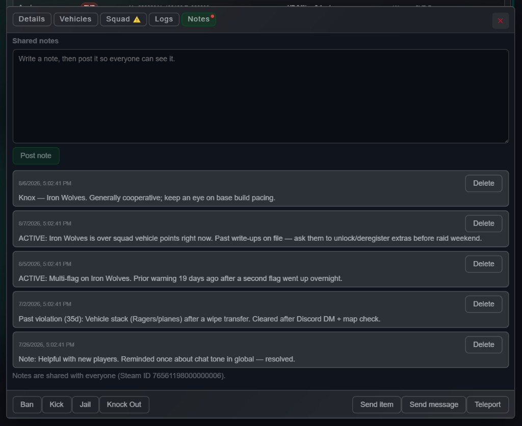 Player detail Notes tab for Knox — shared notes composer, Post note button, and notes including active vehicle and multi-flag write-ups