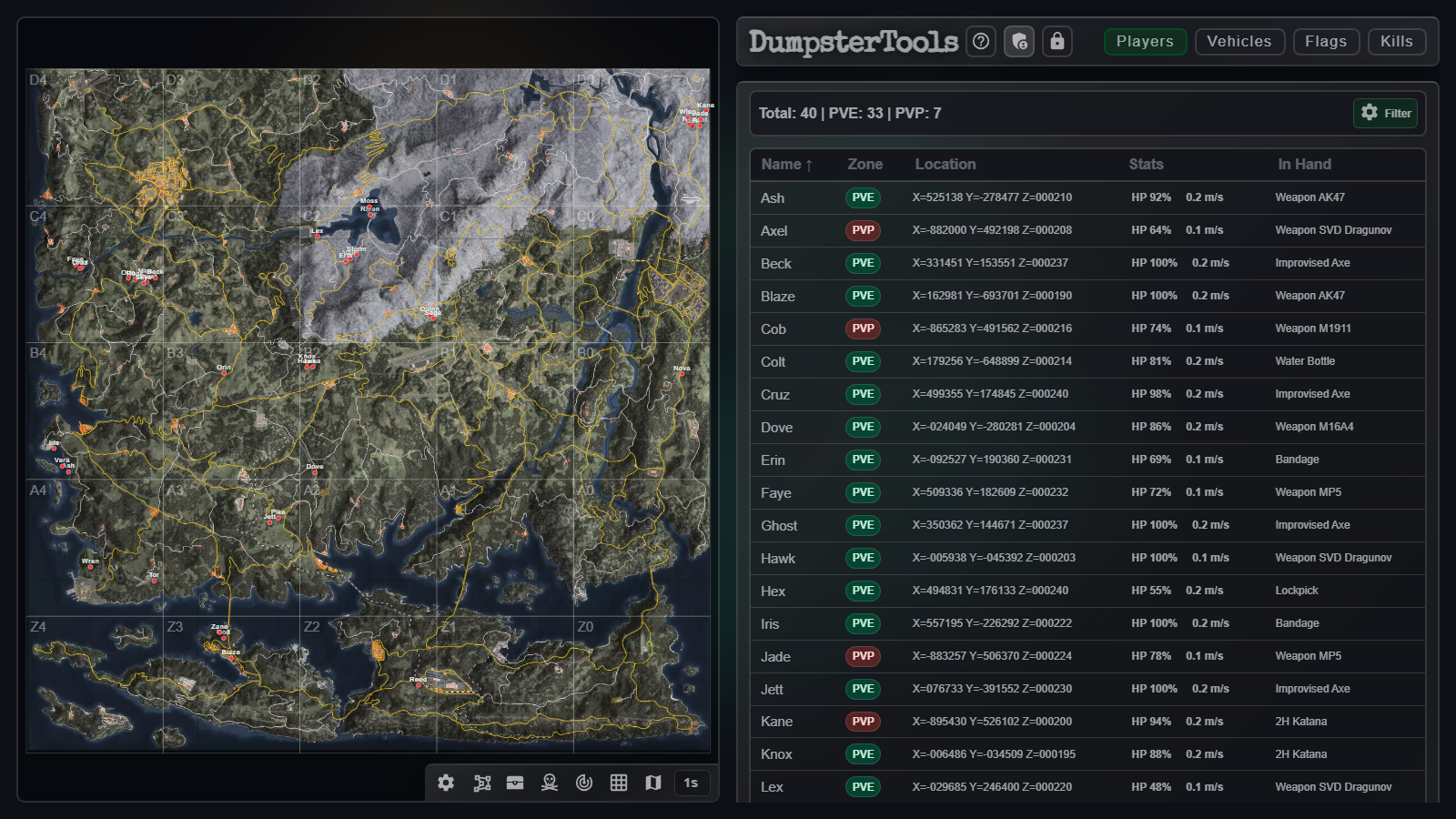 Stats tab player omnibox with the Filter list panel showing zone, status and account chips