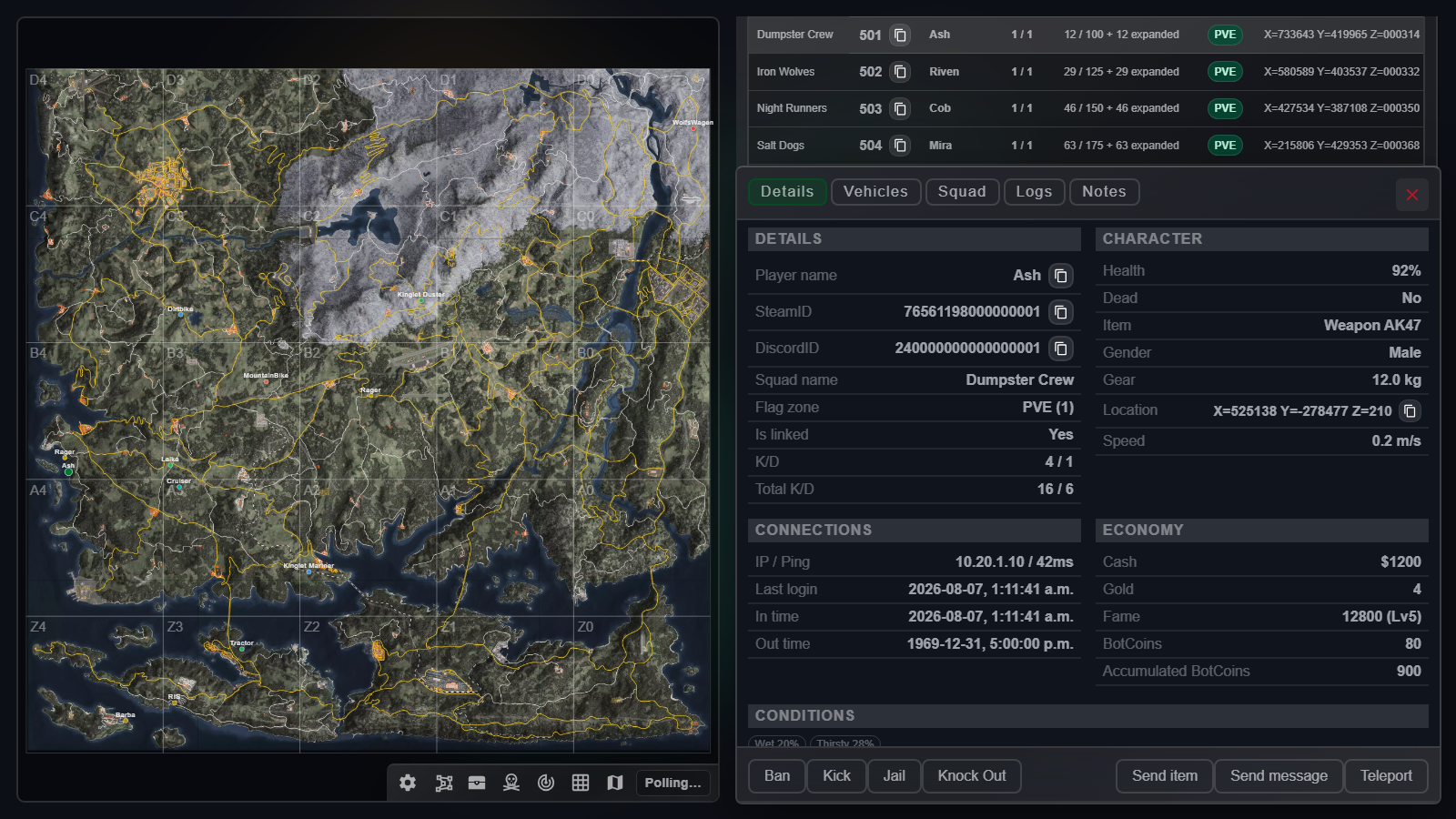 Player detail panel opened after clicking a flag row, with the flag highlighted on the map