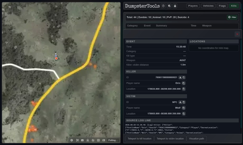 Live Map with the Kills tab active, a selected kill marker, and the event detail panel open